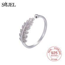SMJEL 100% 925 Sterling Silver Simple Open Design Leaf Ring Personality Female Crystal Flower Rings Wedding Rings for Women 2024 - buy cheap