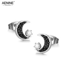 AENINE Elegant Stainless Steel Rhinestone Moon Earrings Jewelry Rose Gold Color Cubic Zirconia Stud Earring For Women AE18011 2024 - buy cheap
