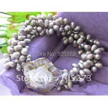 4ROWS AA 6MM-7MM GRAY COLOR RICE FRESHWATER CULTURED PEARL BRACELET BEAUTIFUL SEA SHELL FLOWER CLASP FREE SHIPPING FN1182 2022 - buy cheap