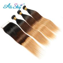 Ali Sky Hair Ombre 3 пряди чка с застежкой 12-28 1B/4/27 бразильские прямые пучки с застежкой свободная часть Remy человеческие волосы для плетения 2024 - купить недорого