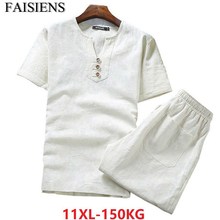 FAISIENS Plus Size Big 9XL 10XL 11XL Summer Men Linen Short Sleeve T-Shirts And Shorts Male Cotton 8XL Japan Style V-Neck Tees 2024 - buy cheap