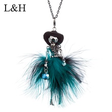 Green Feather Rhinestone Dress Doll Collar Necklaces&Pendants Black Hat Cool Girl Long Chain Collares For Women Maxi Jewelry 2024 - buy cheap