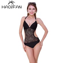 HAOFAN 2018 Black Lace One Pieces Swimsuit Sexy High Waist Bikinis Women Push Up Swimwear Bathing Suit Beach Hang Bikini Suit 2024 - buy cheap