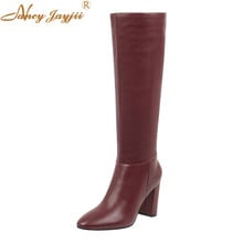 Botas de Tacón alto grueso hasta la rodilla para mujer, botines de piel sintética con punta en pico y cremallera, color rojo oscuro, para invierno, 2021 2024 - compra barato