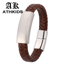 Vintage Brown Genuine Braided Leather Bracelet Men Silver Stainless Steel Magnetic Charms Clasp Wristband Bangles PD0319 2024 - buy cheap