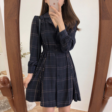 Plus Size Loose Plaid Vintage A-line Women Dress Long Sleeve High Waist Preppy Style Navy Blue Women's Clothing 2024 - buy cheap