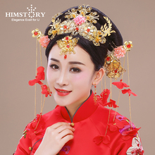 Elegance Chinese Vintage Wedding Bridal Hair Accessory Traditional Red Flower Bride Hair Combs Hairpins Tiaras Hairwear Earrings 2024 - buy cheap