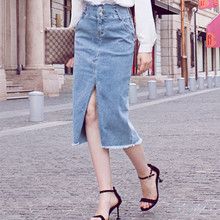 Free Shipping 2021 New High Waist Long Summer Mid-calf Elegant Women Pencil Skirt With Slit XS-XL Jeans Denim Stretch Skirts 2024 - buy cheap