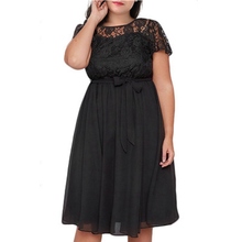 Vestido de verão plus size, 3xl, 4xl, 5xl, 6xl, 7xg, moda feminina, cinto de renda, manga curta, costura, vestido de pescoço redondo 2024 - compre barato