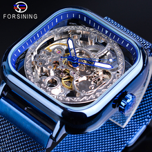 Forsining-Reloj Automático cuadrado para hombre, accesorio masculino de pulsera con diseño de esqueleto mecánico, malla delgada hueca, correa de acero, elegante 2024 - compra barato