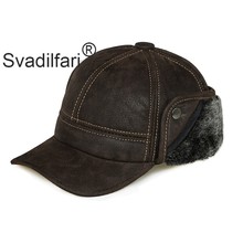 Svadilfari Men's Scrub Genuine Leather Baseball Caps Hats Faux Fur Winter Warm Ear Flap Hat / Cap Black Brown Camel Women 2024 - buy cheap