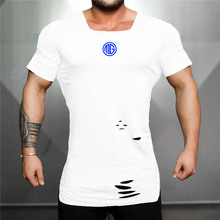 Musclechips camiseta masculina de manga curta, camiseta de marca fashion com buraco rasgado, camiseta fitness de hip hop casual para homens 2024 - compre barato