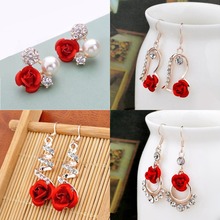 Fashion Red Rose Earrings Rose Gold Color Crystal Rhinestone Pearl Butterfly Flower Stud Earrings  Women Gifts Wedding Jewelry 2024 - buy cheap
