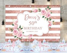 custom Rose Gold And Blush Pink Flower Striped Glitter 50th Birthday background   Computer print party backdrops 2024 - buy cheap