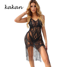 Kakan new women's sexy perspective lace V-neck dress long tassel beach dress white black dress 2024 - buy cheap