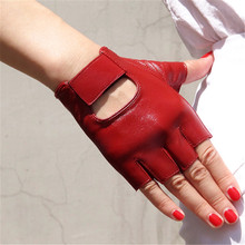 Genuine Leather Pure Sheepskin White Red Semi-Fingers Gloves Motor Street Dance Rock Punk Half Finger Woman Gloves TB74 2024 - buy cheap