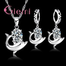Lovely CZ Cubic Zirconia Jewelry Set 925 Sterling Silver Romantic Dolphin Pendant Necklace Hoop Earrings for Women Girl 2024 - buy cheap