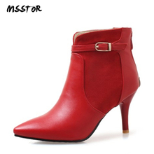 MSSTOR Winter Boots Women 2018 Buckle Strap Sexy Red Boots Plus Size 46 Fashion Office Short Boots Pointed Toe Ankle Boots Women 2024 - buy cheap