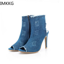 2018 woman Zipper Summer Ankle Boots Fashion Blue Denim Women Thin High Heels Peep Toe shoes Casual Women Pumps g016 2024 - buy cheap