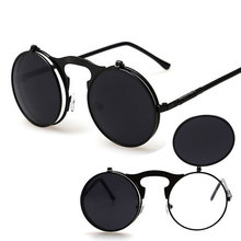 Óculos de sol steampunk masculino, óculos redondos flip duplo óculos de sol masculino círculo para dirigir, espelhado retrô 2024 - compre barato