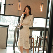 Solid Plus Size Mermaid Dress 2018 Autumn Women Beige Long Sleeve O-neck Elegant Wedding Party Dress Vintage Lace Dresses Ladies 2024 - buy cheap