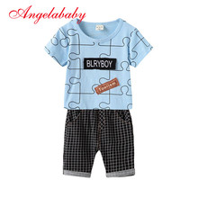 2019 new summer boys clothing sets geometric puzzle pattern short-sleeved T-shirt with plaid pants 2 piece set children's suit 2024 - buy cheap