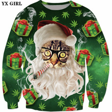 Ух для девочек 2018 новый стиль с капюшоном Рождественский свитшот с курящего кота Санта 3d принт мужские и женские солнцезащитные очки Повседневный пуловер с круглым вырезом 2024 - купить недорого