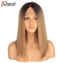 Xtrend Synthetic Straight Lace Front wig Middel Part Black Blonde Color 14 Inch Bob Wigs For Black Women Ombre Wig 2024 - buy cheap