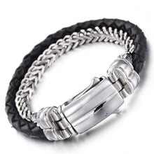 15mm Cool Black Leather Wristband Stainless Steel Silver Color Figaro Chain Men's Bracelet Bangle 8.26inch High Quality New Gift 2024 - buy cheap