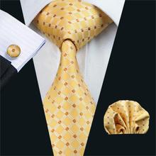 Gravata com lenço masculina, gravata com xadrez amarelo 100% seda, jacquard, abotoaduras, conjunto de gravatas para negócios, casamento e festa para homens, frete grátis 2024 - compre barato