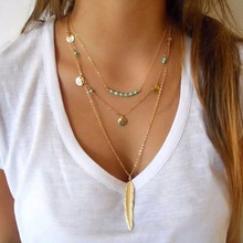 KISSWIFE 2018 New Fashion Feather Necklace Leaf Layer 3 Necklace Multilayer Necklace Women Bohemian Vintage Golden Party Gift 2024 - buy cheap