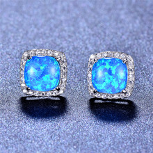 Bamos Green/Blue/White Fire Opal Stud Earrings Elegant Geometric Earrings For Women Luxury White Gold Filled Wedding Jewelry 8mm 2024 - buy cheap