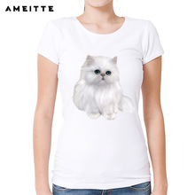 Amenitte camiseta feminina gato persa branco estampa gato fofo camiseta alta qualidade casual manga curta 2024 - compre barato