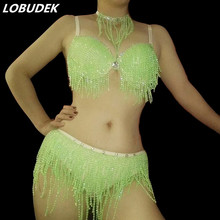 (Necklace+Bra+Shorts) Fluorescent Green Beading Bikini Sexy Women 2 Pieces Set Bar Club Party DJ Dance Outfit Nightclub Costume 2024 - buy cheap