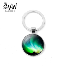 SIAN Green Northern Lights Keychain Aurora Key Ring Art Pattern Clear Glass Cabochon Gem Metal Key Chain Galaxy Universe Jewelry 2024 - buy cheap