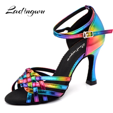 Free Shipping Latin salsa shoes lady Ladingwu Rainbow Color 2019 PU 9cm Heel Ballroom Latin Dance Shoes women New Brand 2024 - buy cheap