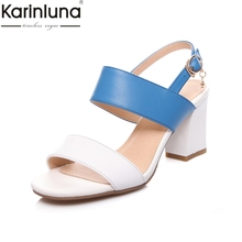 Karinluna 2019 plus tamanho 33-43 dropship sapatos de salto alto vaca natural couro genuíno sapatos femininos moda verão mulher sandálias 2024 - compre barato