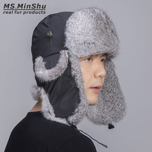 MS.MinShu Natural Rabbit Fur Hat Winter Skiing Hat Unisex Genuine Rabbit Fur Trapper Hat Natural Fur Bomber Hat Man Women 2024 - buy cheap