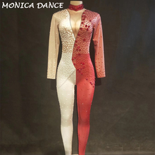 Macacão feminino vermelho e branco, roupa para palco sexy com estampa de cantor, sexy, para dança, traje de palco com brilho 2024 - compre barato