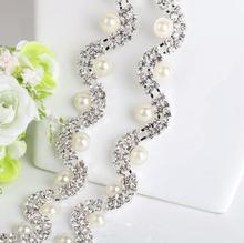 1 Yard Wholesale Imitation Beige Pearl Rhinestone Trim S Shape Rhinestone Bridal Chain for Headwear 15mm 2024 - buy cheap