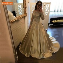 Luxury Gold Satin Evening Dresses Long Sleeves 2020 Lace Appliques Evening Gowns Customized Ball Gown Women Party Formal Dress 2024 - buy cheap