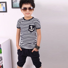 Boys Navy Striped Short Sleeve T-shirts Toddler Baby Girls Clothes Summer Children Clothing Sets Kids Tracksuit Tops+Pants Suits 2024 - buy cheap