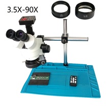 Мультифокальный Тринокулярный стереомикроскоп 3,5x 7X 45X 90X + Цифровая usb-камера-Микроскоп 2K 21MP HDMI + светодиодные кольцевые светильники 144 + коврик 2024 - купить недорого