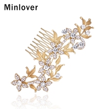 Minlover Gold Color Leaf Sweet Crystal Bridal Hair Combs for Women Rhinestone Flower Wedding Hair Jewelry Accessories MFS149 2024 - buy cheap