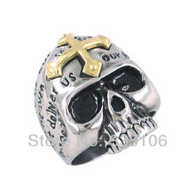 Anillo de acero inoxidable con diseño de calavera y Cruz para hombre, sortija, oro gótico, Punk, motorista, SWR0097 2024 - compra barato