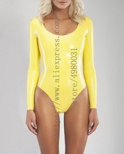 Shiny yellow women's latex leotard long sleeve neck entry latex bodysuit plus size 2024 - buy cheap