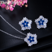 ThreeGraces Elegant Women Royal Blue Pendant Necklace Earrings Cubic Zirconia Big Flower Fashion Jewelry Sets JS035 2024 - buy cheap