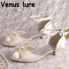 Ankle Strap Low Heel Sandal Shoes with Bow-knot Ivory Satin Women Wedding Sandals Bride 2024 - buy cheap