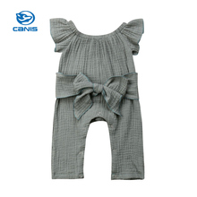 Pelele de algodón sin hombros para niña recién nacida, traje informal de 0 a 24 meses, color gris liso con cinturón y lazo, ropa de verano 2024 - compra barato