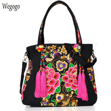 National Women Handbag Floral Embroidered Shoulder Totes Messenger Bag Women's Canvas Tassel Beach Travel Large Shopping Bag 2024 - buy cheap